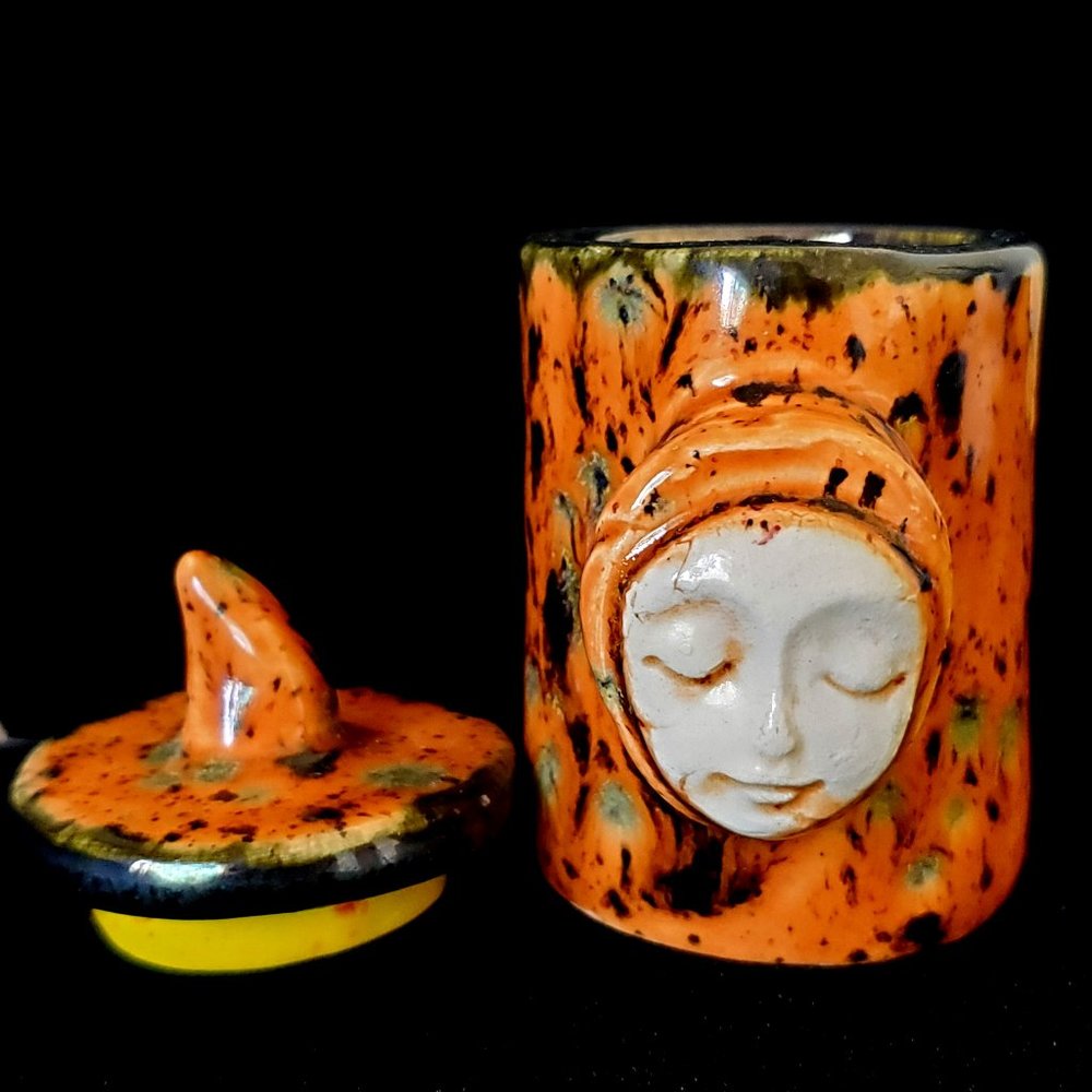 Handmade Small Ceramic Stash Jar with Face, Speckled Carmel Brown